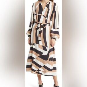HUGO BOSS Detola1 Printed Midi Dress Brown Abstract stripe belt office chic 4